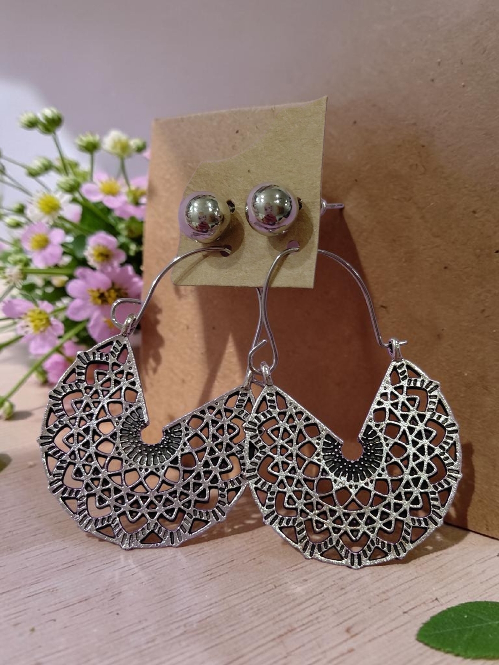 New Lillylous Lucky Finds New Silver Filigree Fan Hoop Earrings & Ball Studs